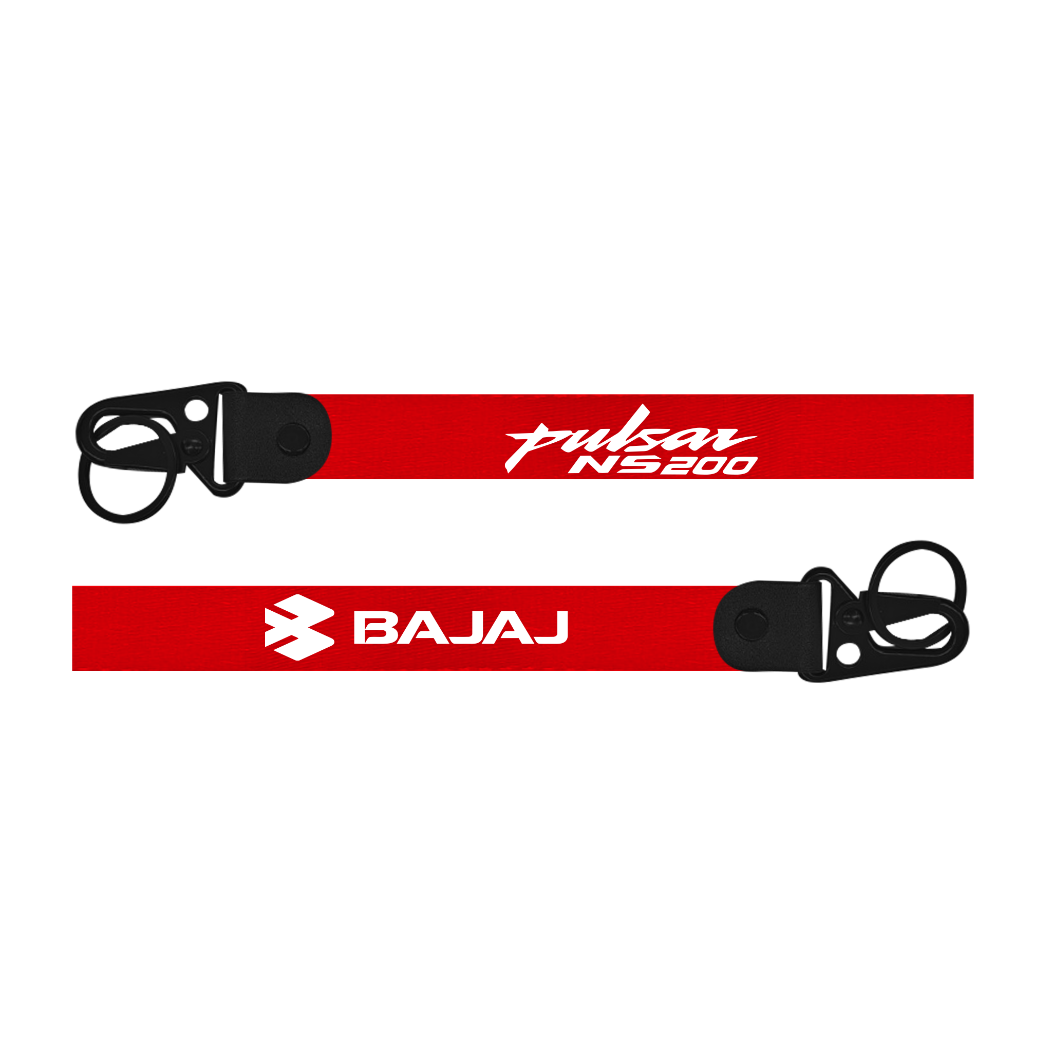 Red lanyard with 'Pulsar NS200' and 'Bajaj' branding on a white background