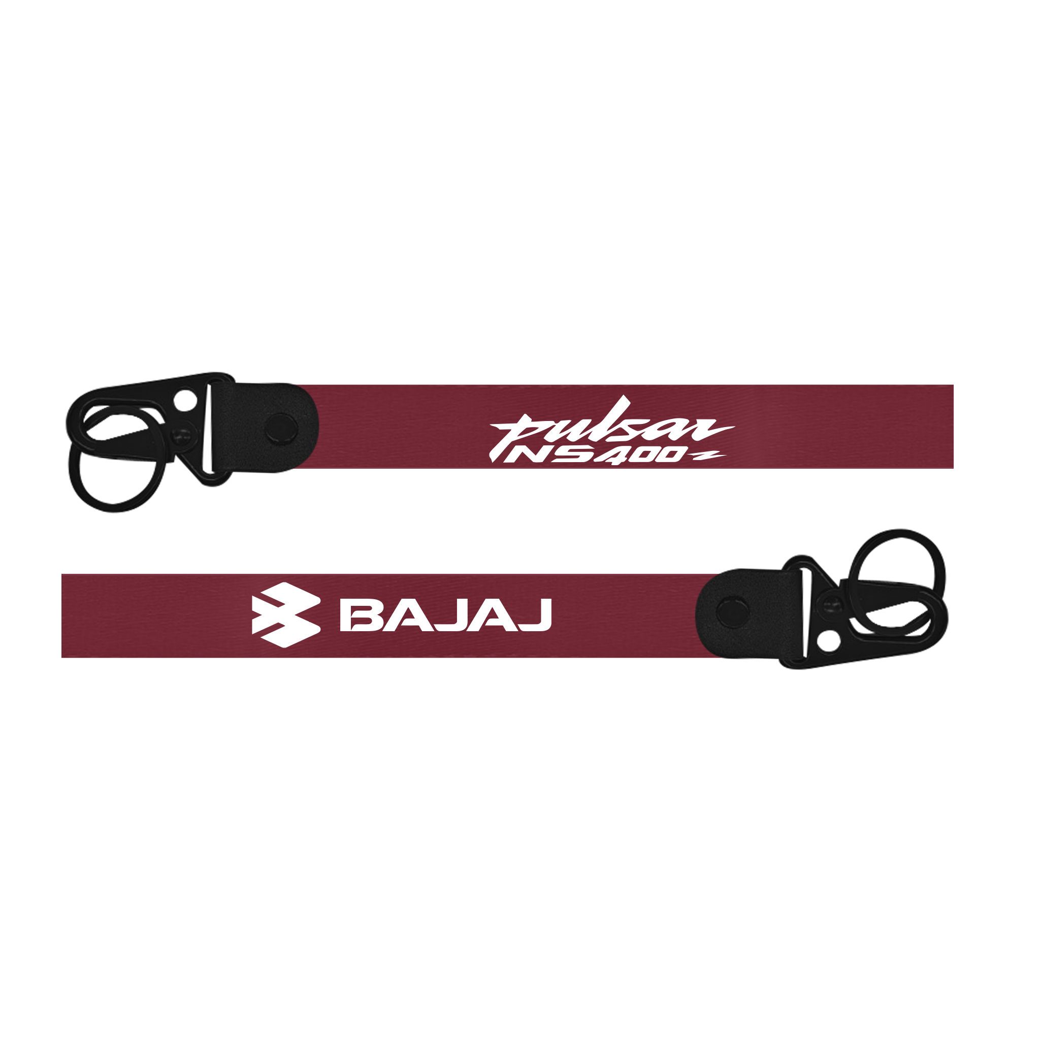 Two maroon lanyards with black attachments featuring 'Bajaj' and 'Pulsar NS400' logos on a white background.