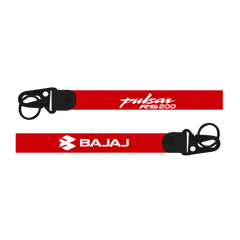 Two red lanyards with 'Pulsar RS200' and 'Bajaj' branding on a white background.