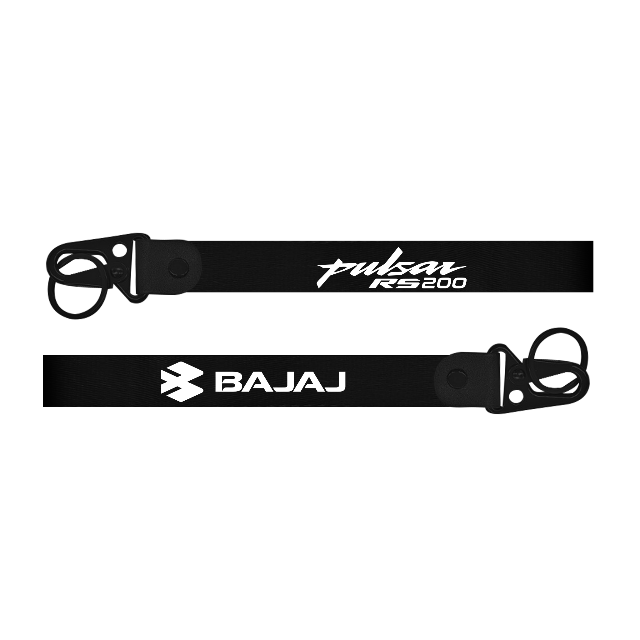 Two black straps with 'Pulsar RS200' and 'Bajaj' branding on a white background