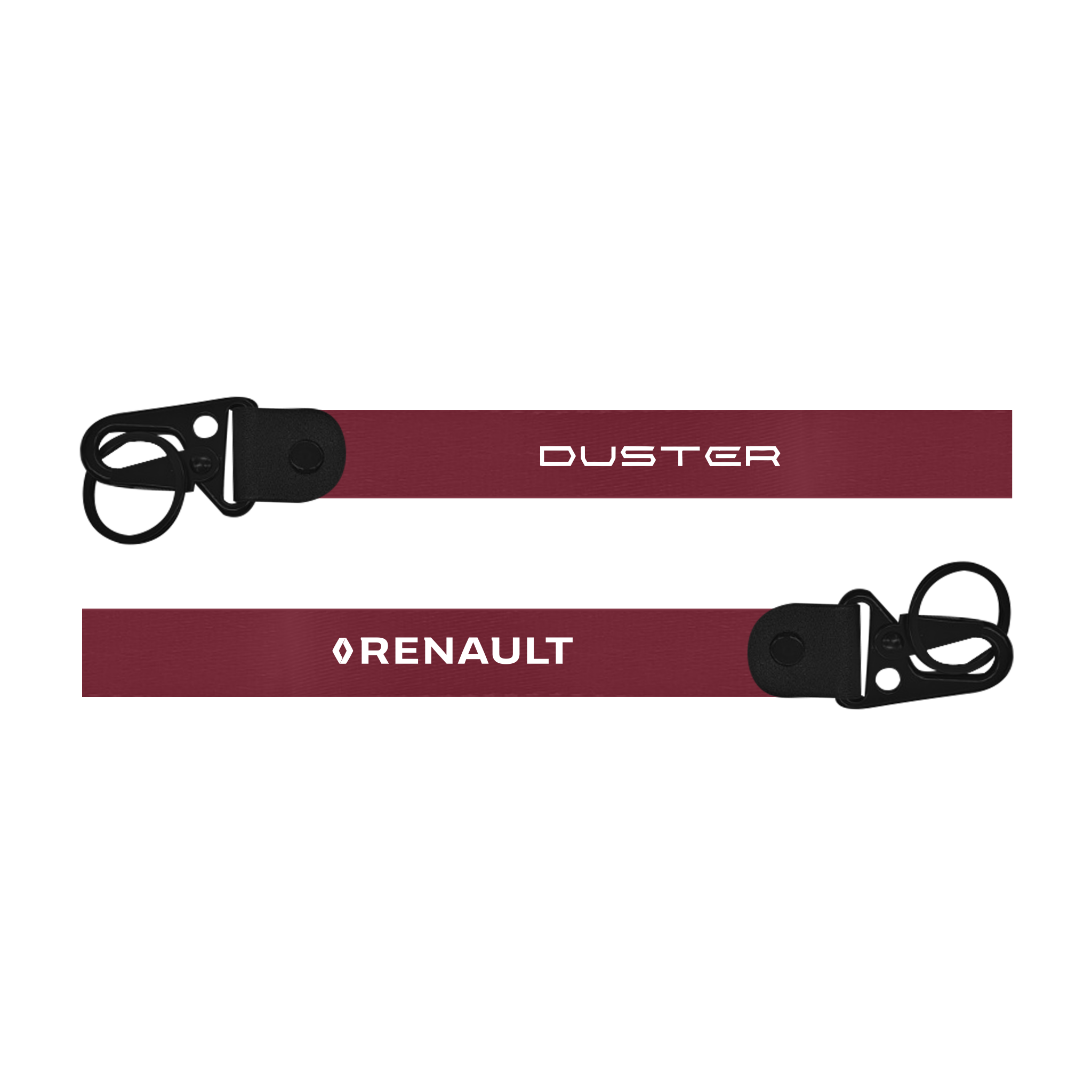 Two carabiners with 'Duster' and 'Renault' branding on a white background