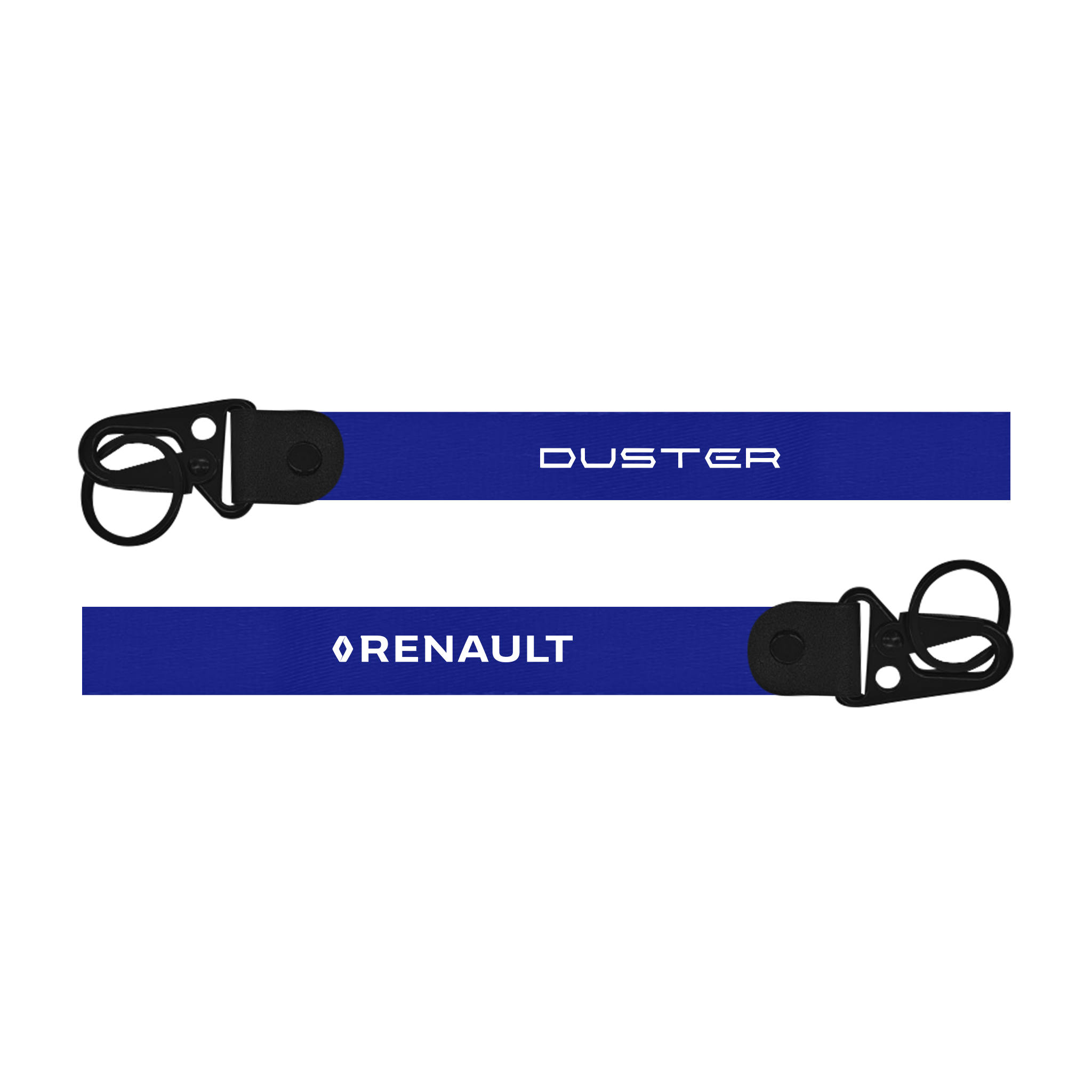 Two blue carabiners with 'Duster' and 'Renault' branding on a white background
