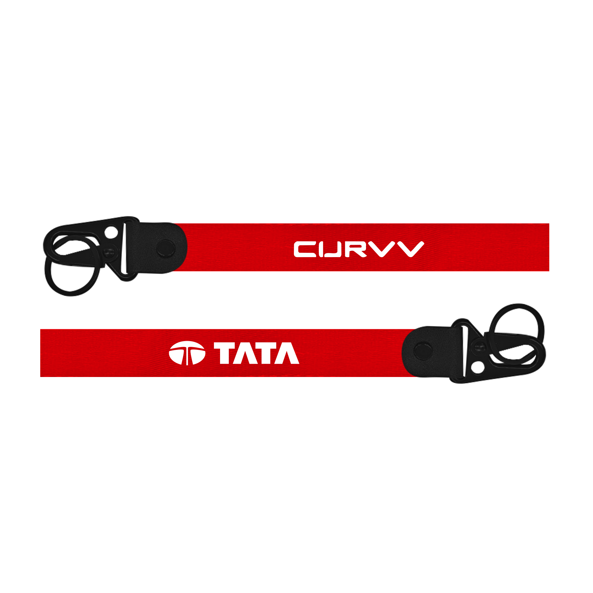 Two black lanyards with 'Tigor' and 'Tata' branding on a white background