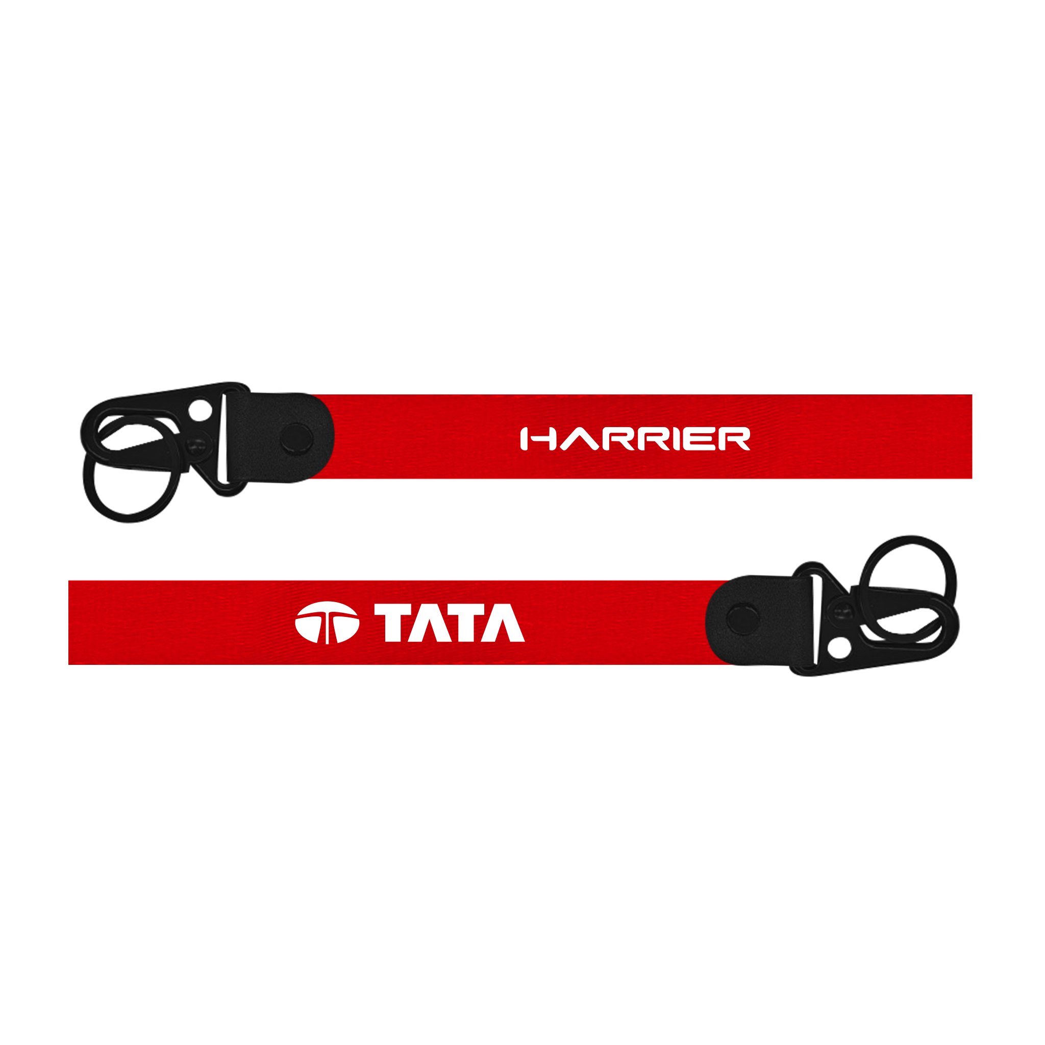 Two red lanyards with 'Harrier' and 'Tata' branding on a white background
