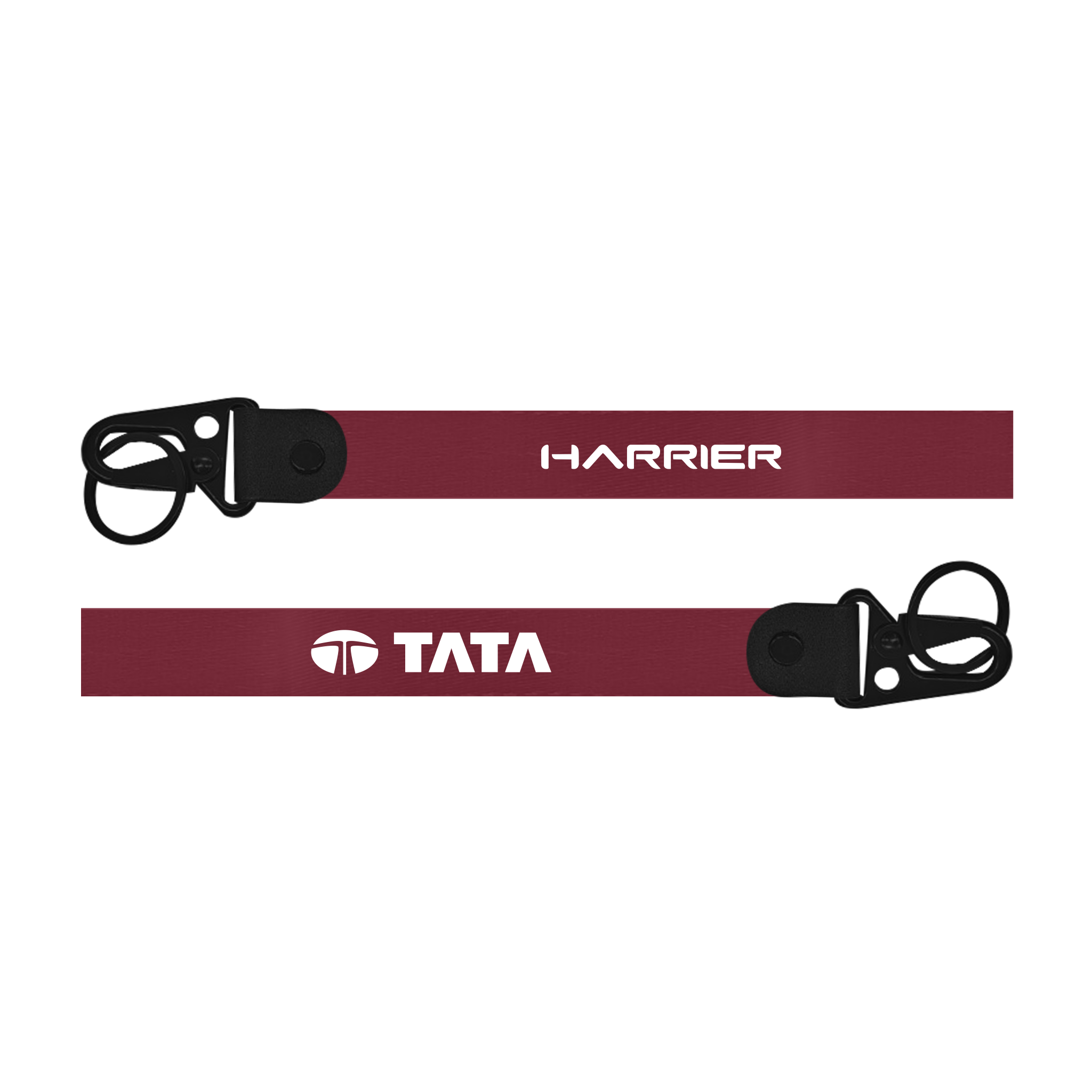 Two maroon lanyards with 'Harrier' and 'Tata' branding on a white background