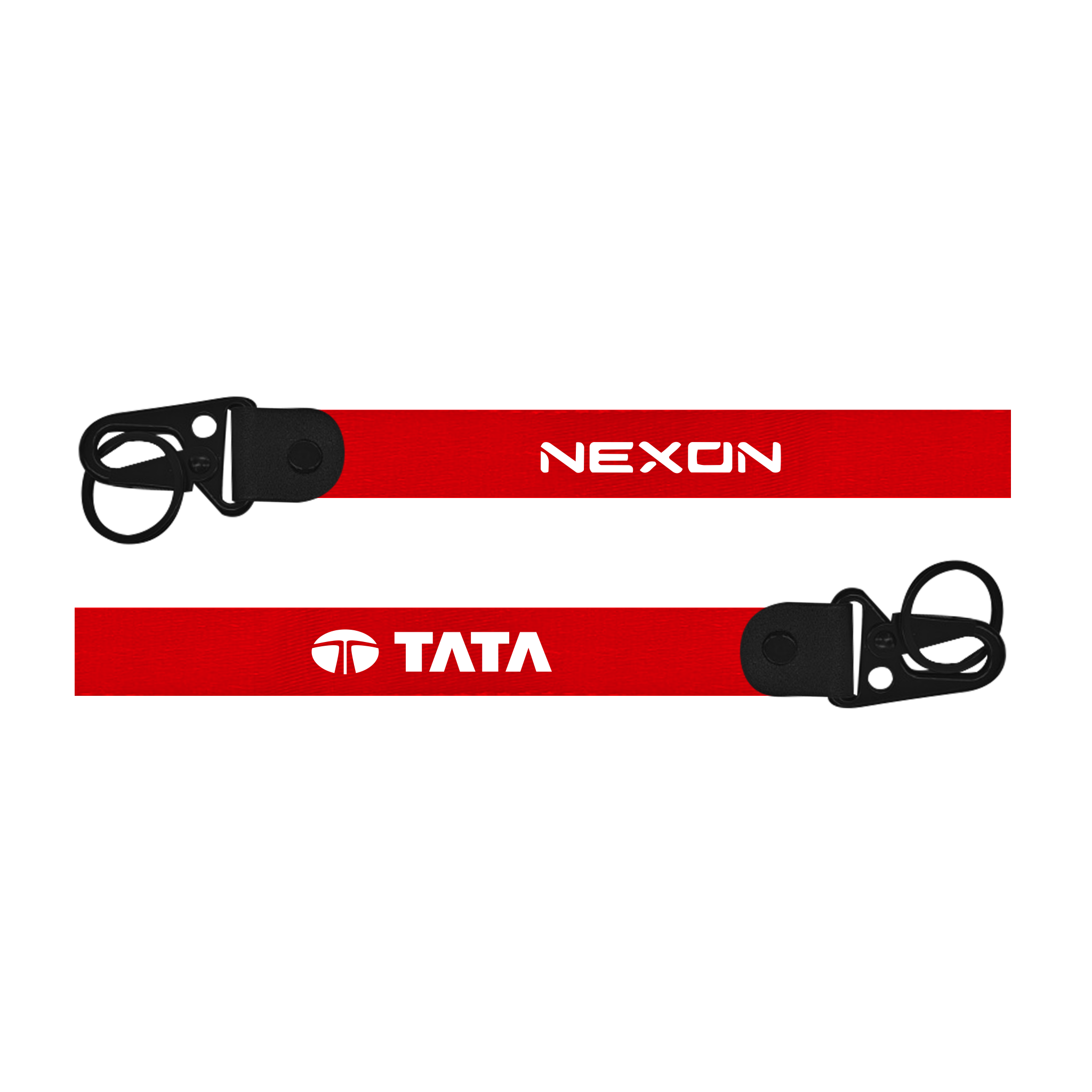 Two red lanyards with 'Nexon' and 'Tata' logos on a white background