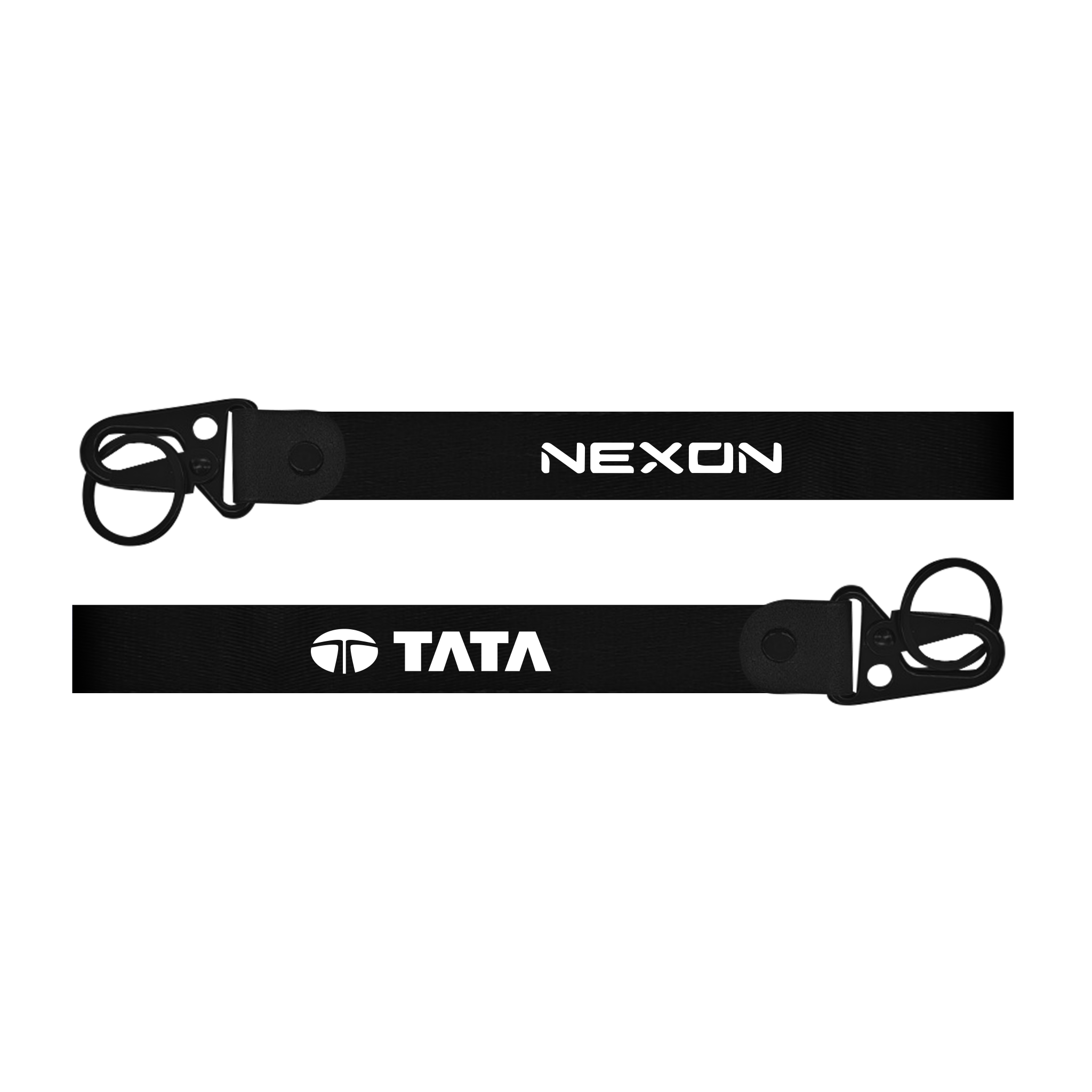 Two black straps with 'Nexon' and 'Tata' logos on a white background