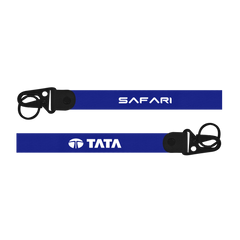 Two blue lanyards with 'Safari' and 'Tata' branding on a white background
