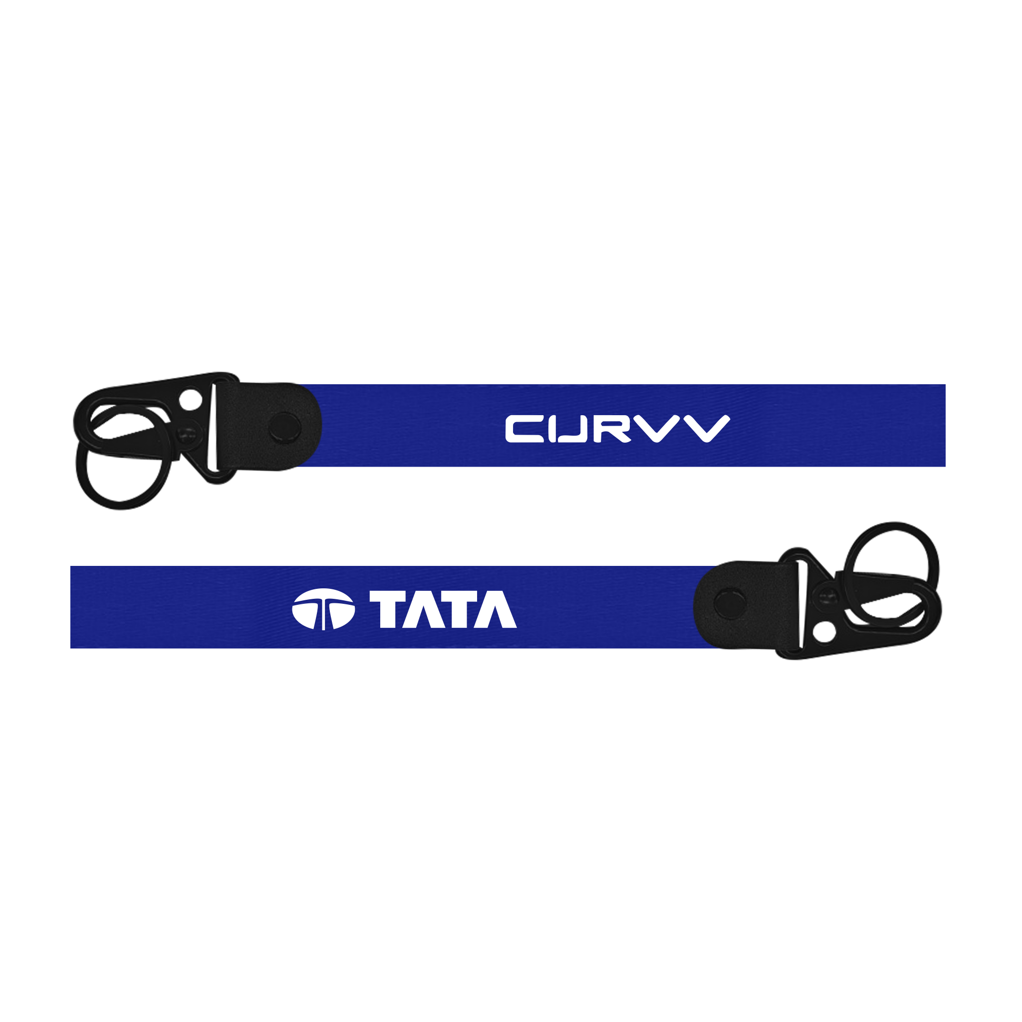 Two blue lanyards with 'CURVV' and 'TATA' branding on a white background
