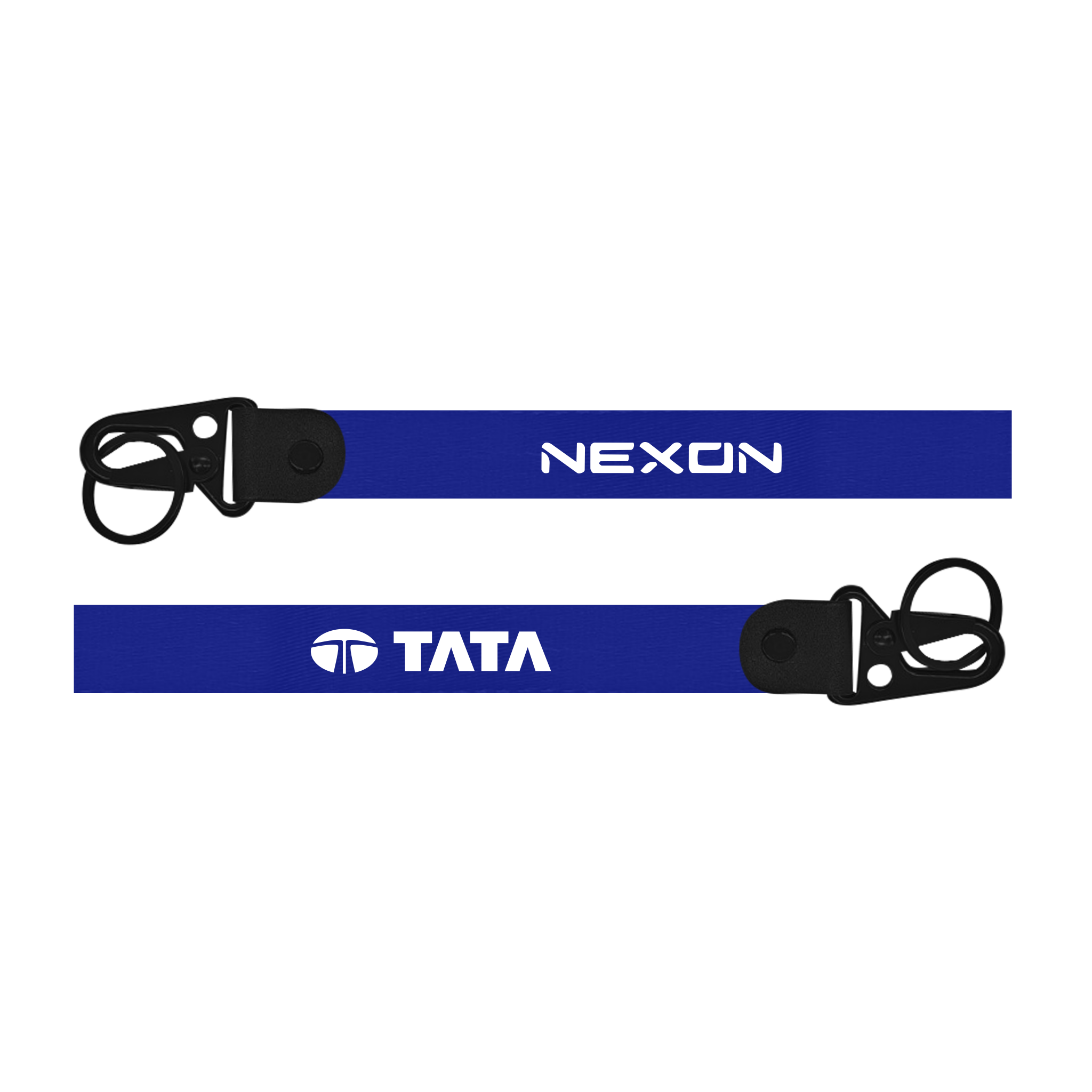 Two blue lanyards with 'Nexon' and 'Tata' branding on a white background