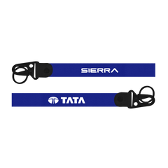 Two blue lanyards with 'Sierra' and 'Tata' logos on a white background