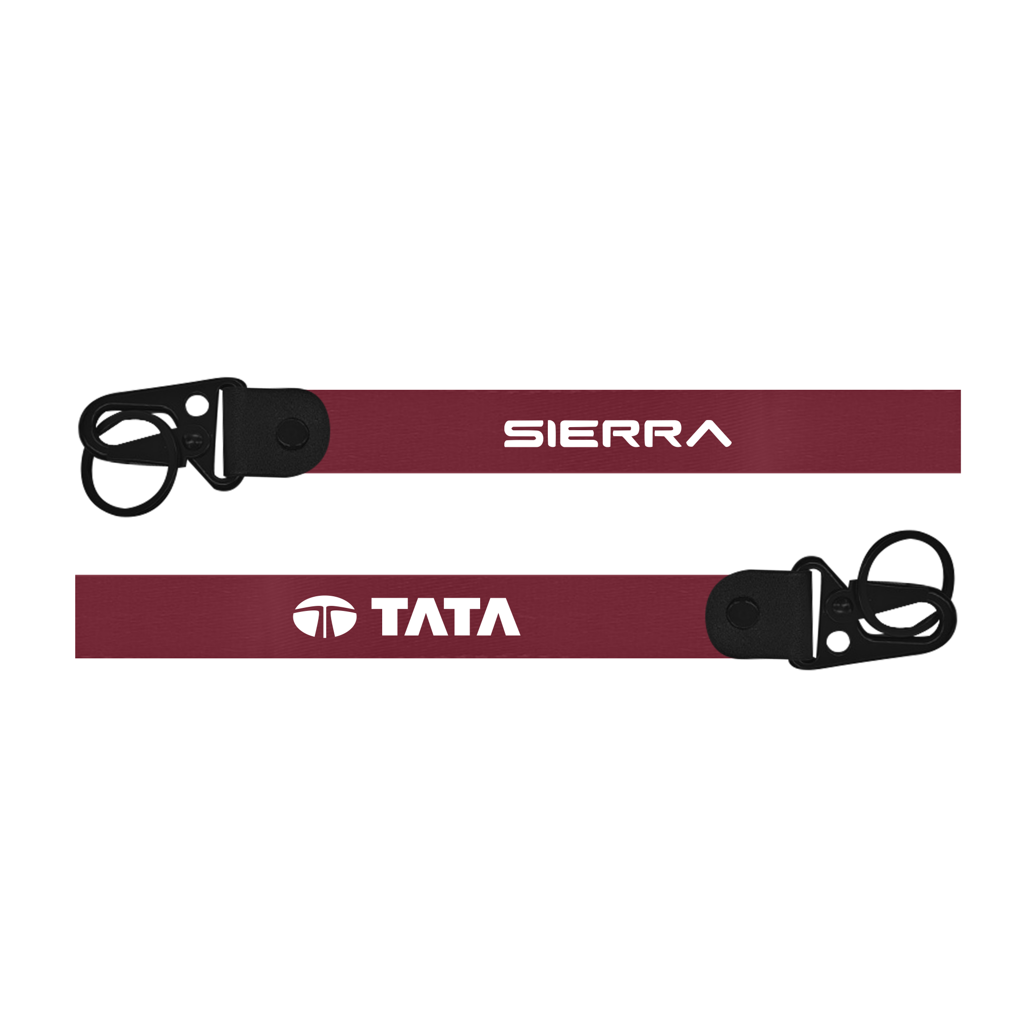Two maroon lanyards with 'Sierra' and 'Tata' logos on a white background