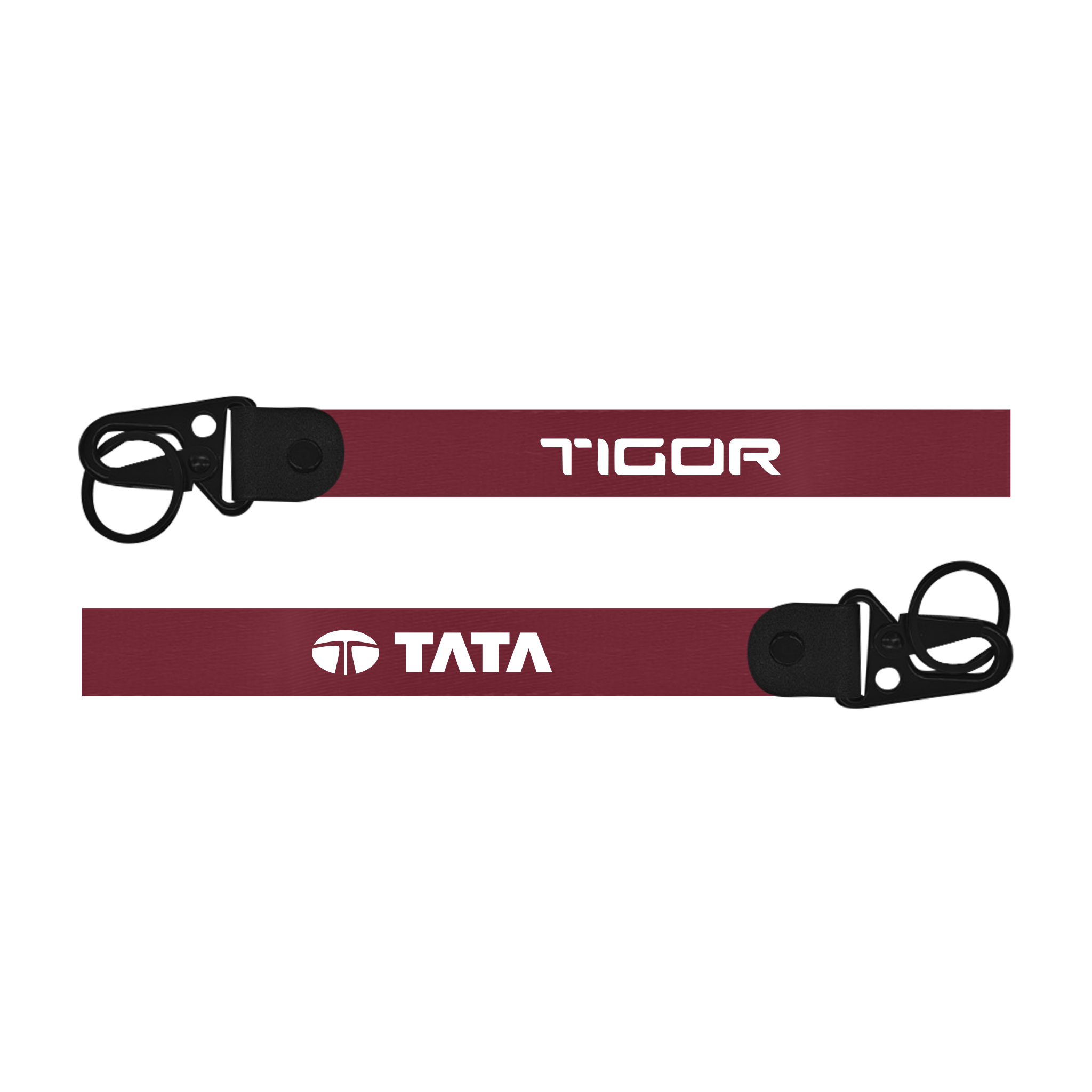 Two maroon lanyards with 'Tigor' and 'Tata' logos on a white background