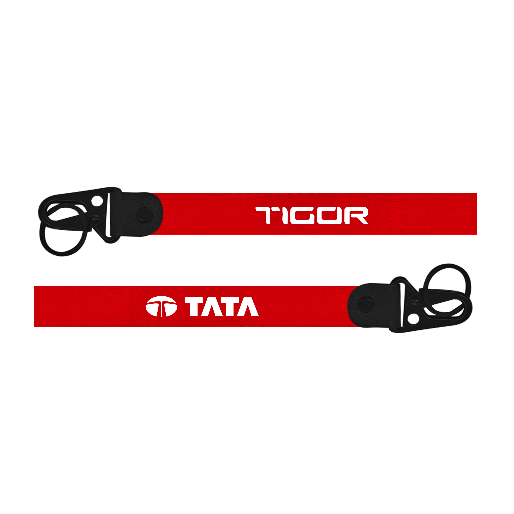 Two red lanyards with 'Tigor' and 'Tata' branding on a white background