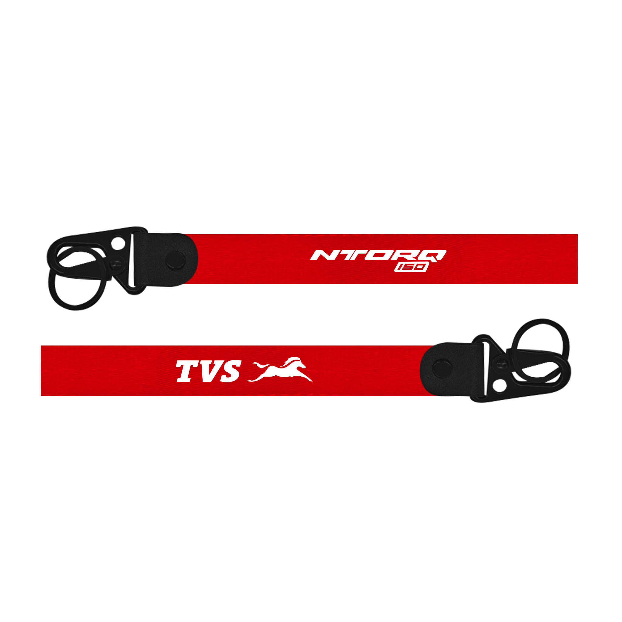 Two red lanyards with black attachments featuring 'TVS' and 'Ntorq' logos on a white background.