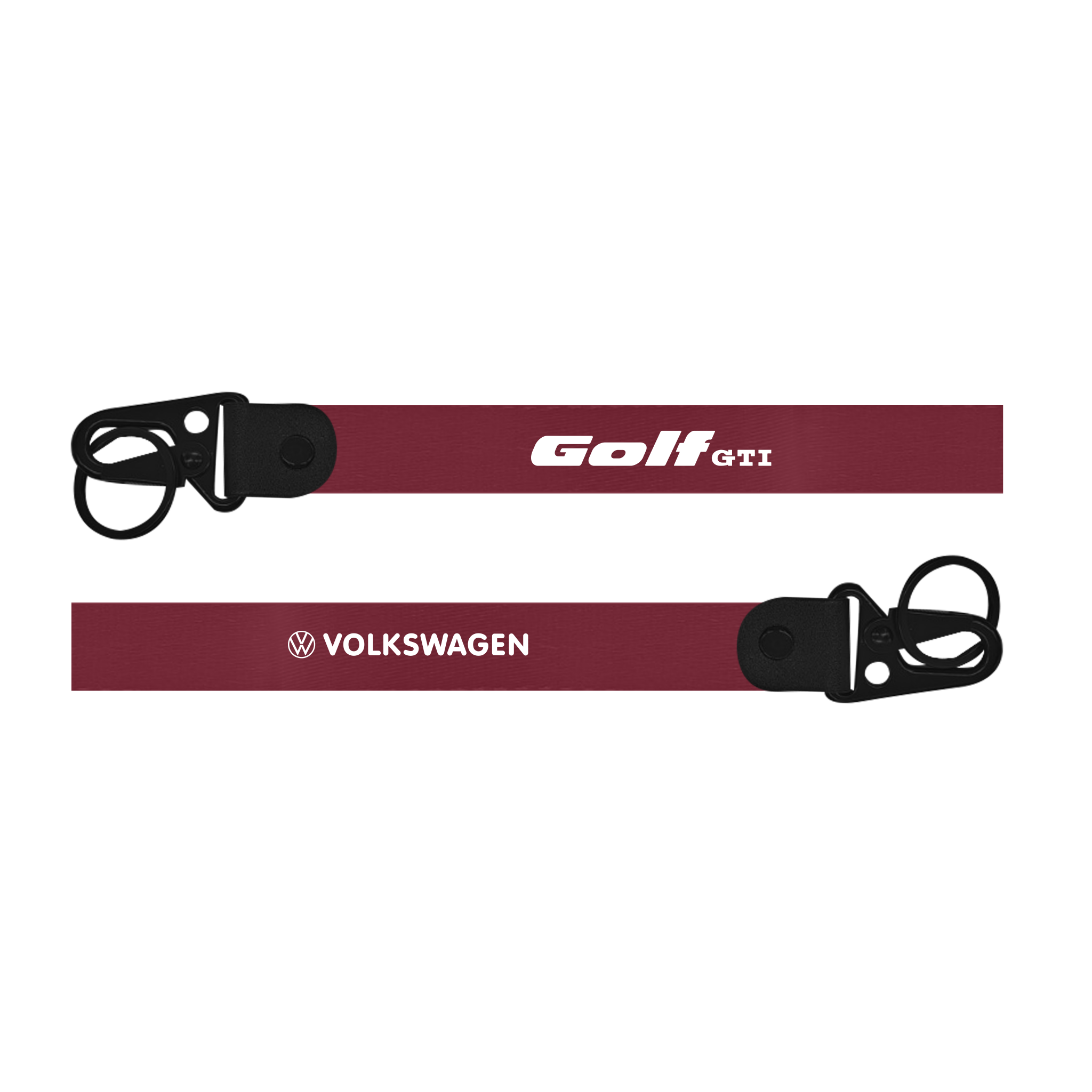 Two maroon lanyards with black buckles and text on a white background