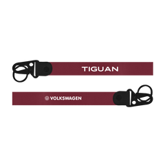Maroon dog leash with 'Tiguan' and 'Volkswagen' text on a white background