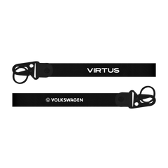 Two black lanyards with 'Virtus' and 'Volkswagen' logos on a white background
