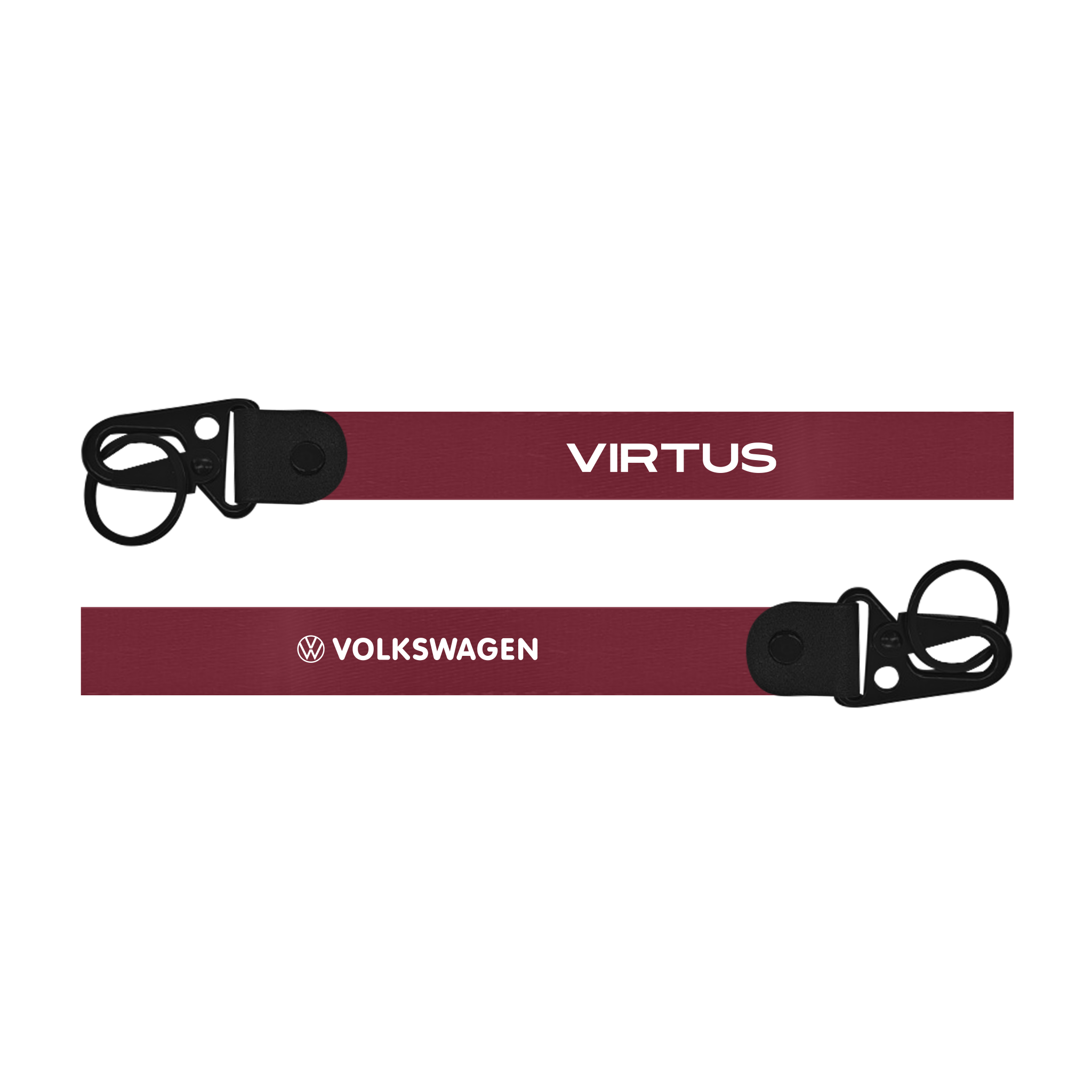 Two maroon lanyards with 'Virtus' and 'Volkswagen' logos on a white background