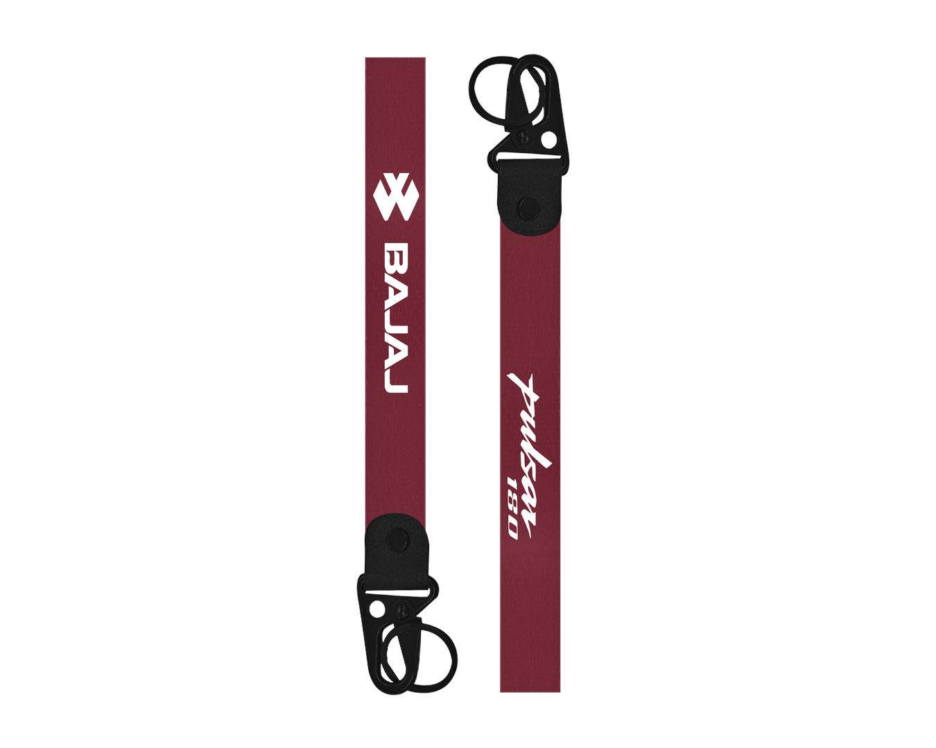 Two maroon lanyards with black attachments featuring 'Bajaj' and 'Pulsar 180' text on a white background.