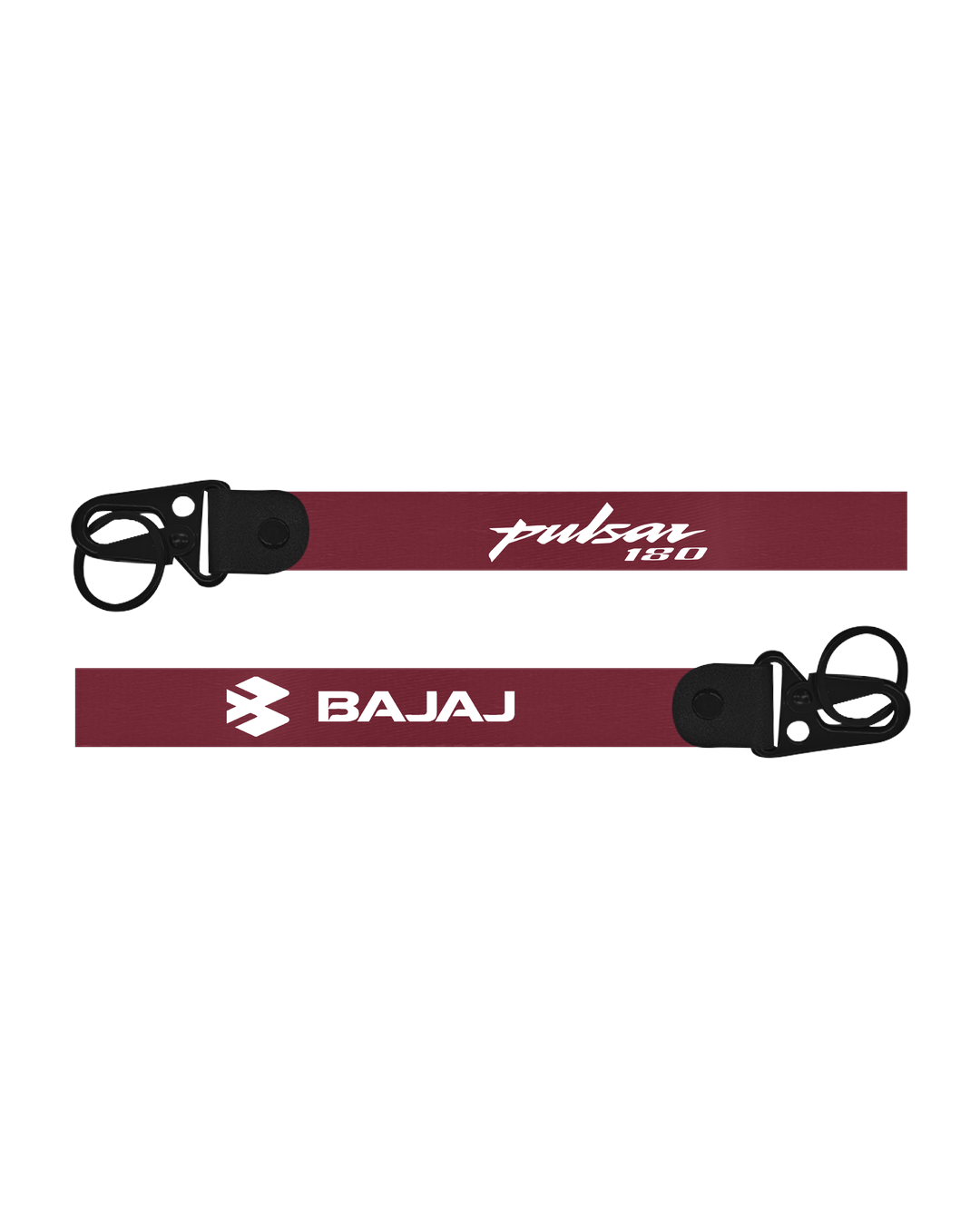 Two maroon lanyards with black attachments featuring 'Bajaj' and 'Pulsar 180' text on a white background.
