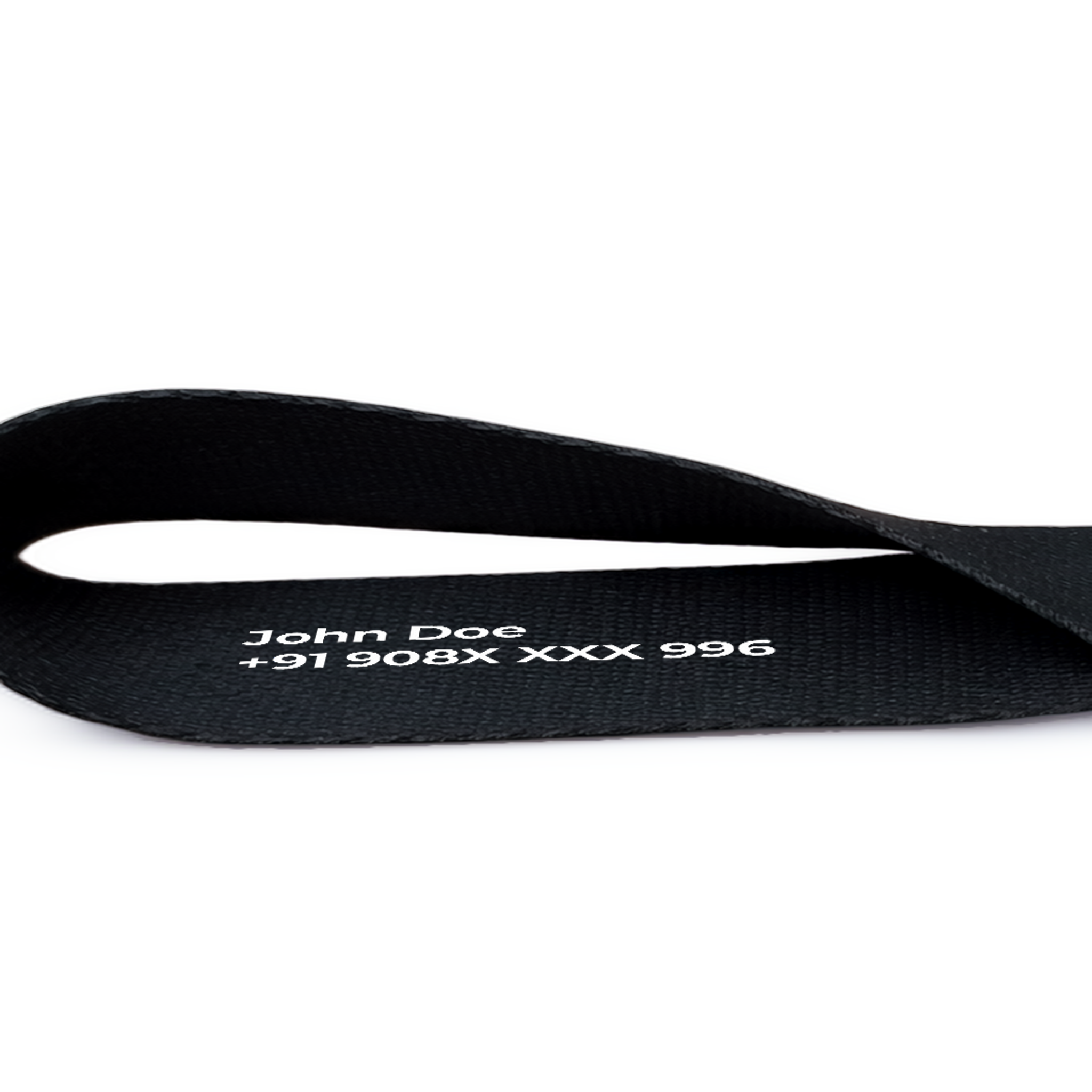 Black personalized bike keychain strap showing custom name and phone number print with strong hook