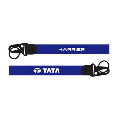 Two blue lanyards with 'Harrier' and 'Tata' branding on a white background