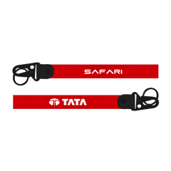 Two red lanyards with 'Safari' and 'Tata' logos on a white background