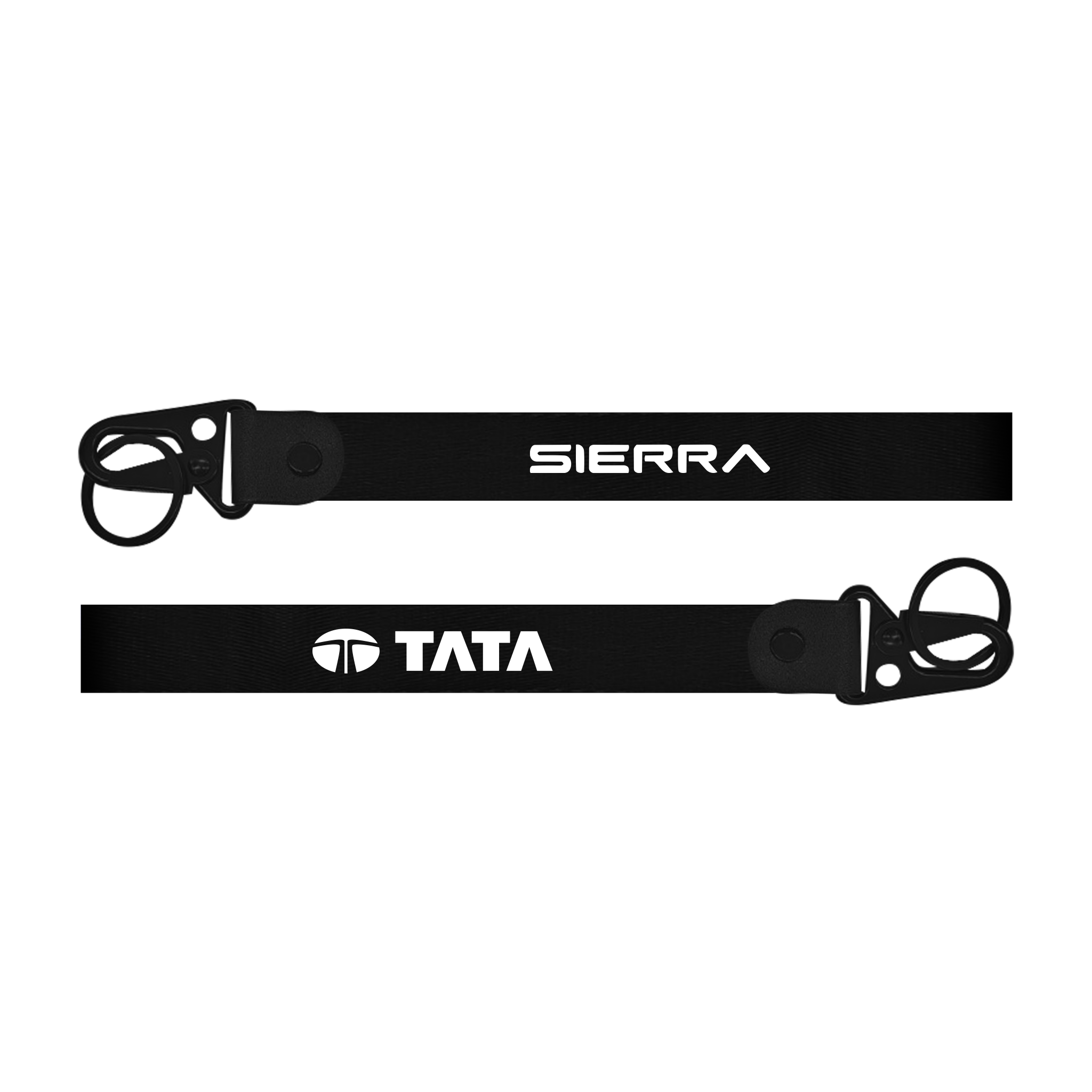 Two black lanyards with 'Sierra' and 'Tata' branding on a white background