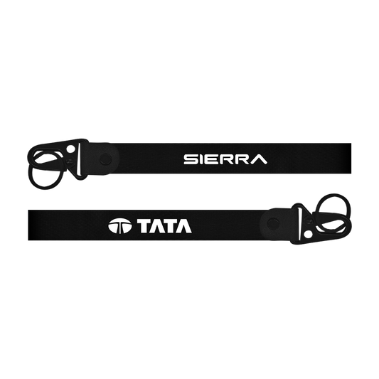 Two black lanyards with 'Sierra' and 'Tata' branding on a white background