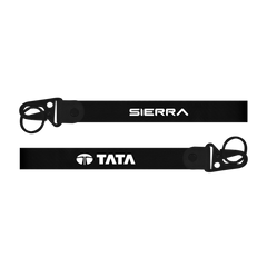 Two black lanyards with 'Sierra' and 'Tata' branding on a white background