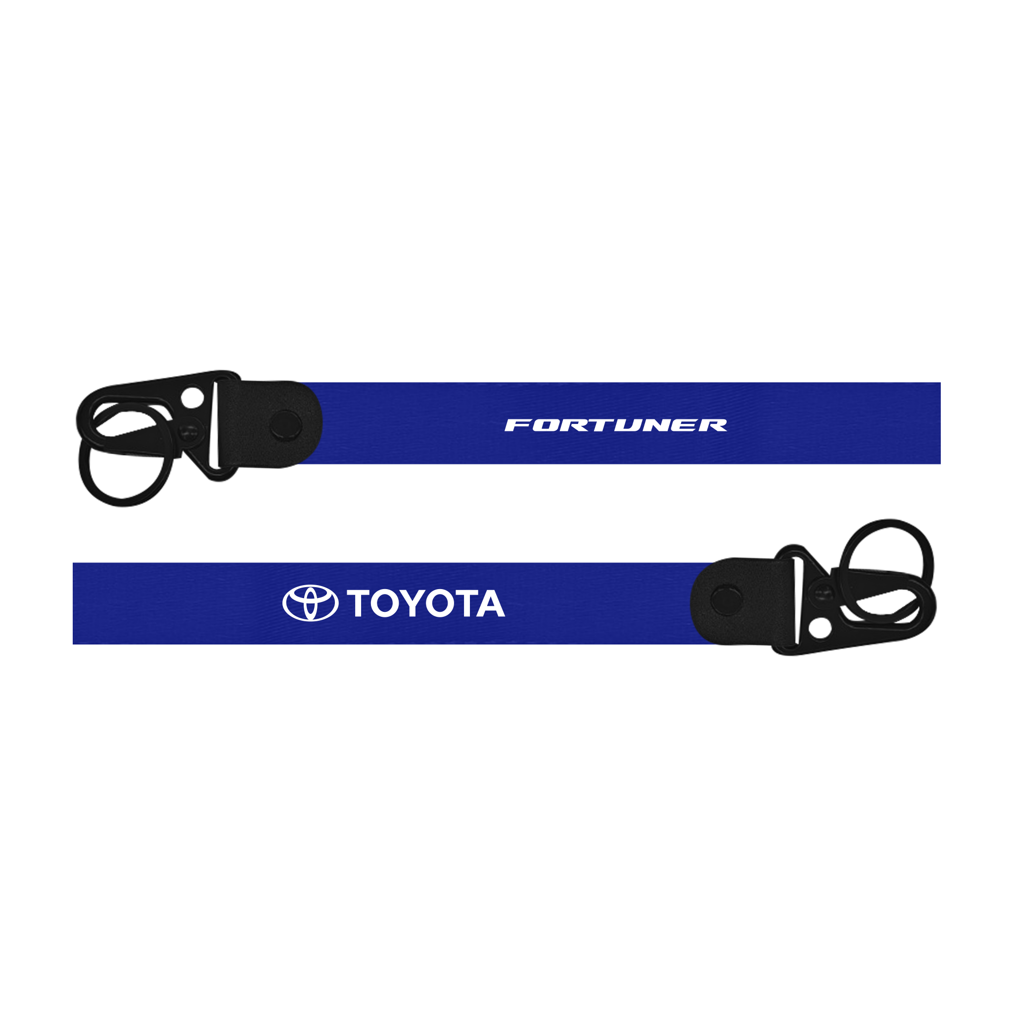 Two blue lanyards with 'Fortuner' and 'Toyota' branding on a white background