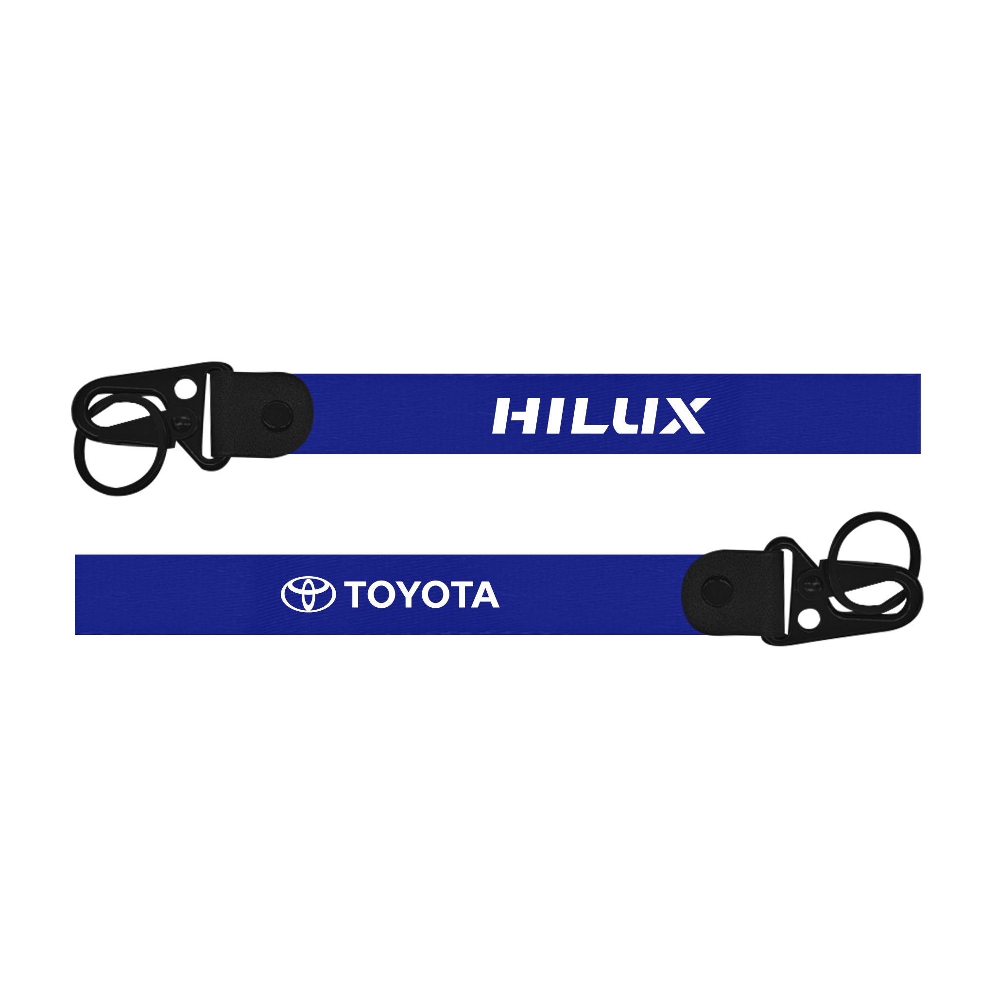 Two blue lanyards with 'HILUX' and 'TOYOTA' branding on a white Car keychain for Toyota Hilux custom fabric lanyard keychain with metal hookbackground