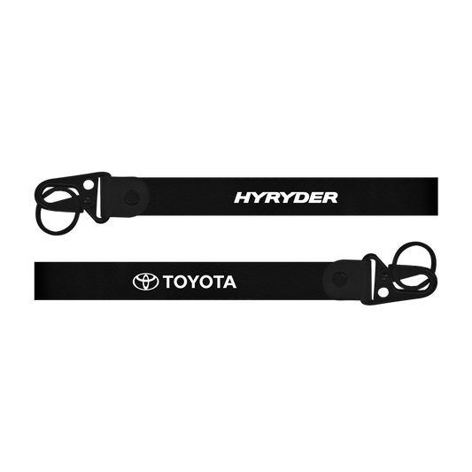 Two black straps with 'Hyryder' and 'Toyota' logos on a white background