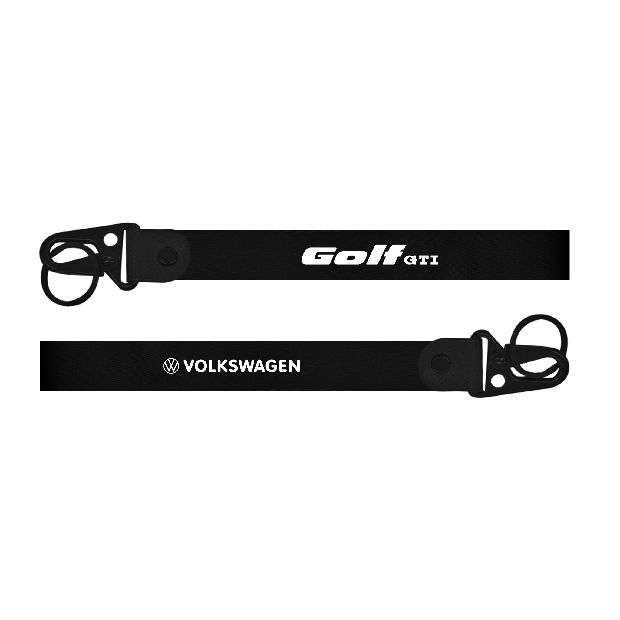 Two black lanyards with 'Golf GTI' and 'Volkswagen' branding on a white background. Car keychain for Volkswagen Polo GTI custom fabric lanyard keychai