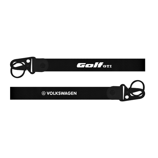 Two black lanyards with 'Golf GTI' and 'Volkswagen' branding on a white background. Car keychain for Volkswagen Polo GTI custom fabric lanyard keychai
