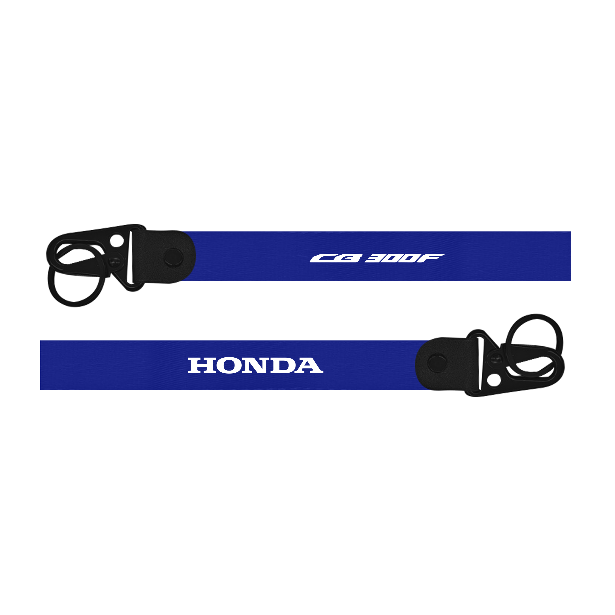Two blue lanyards with black buckles, one displaying 'CB 300F' and the other 'Honda'.