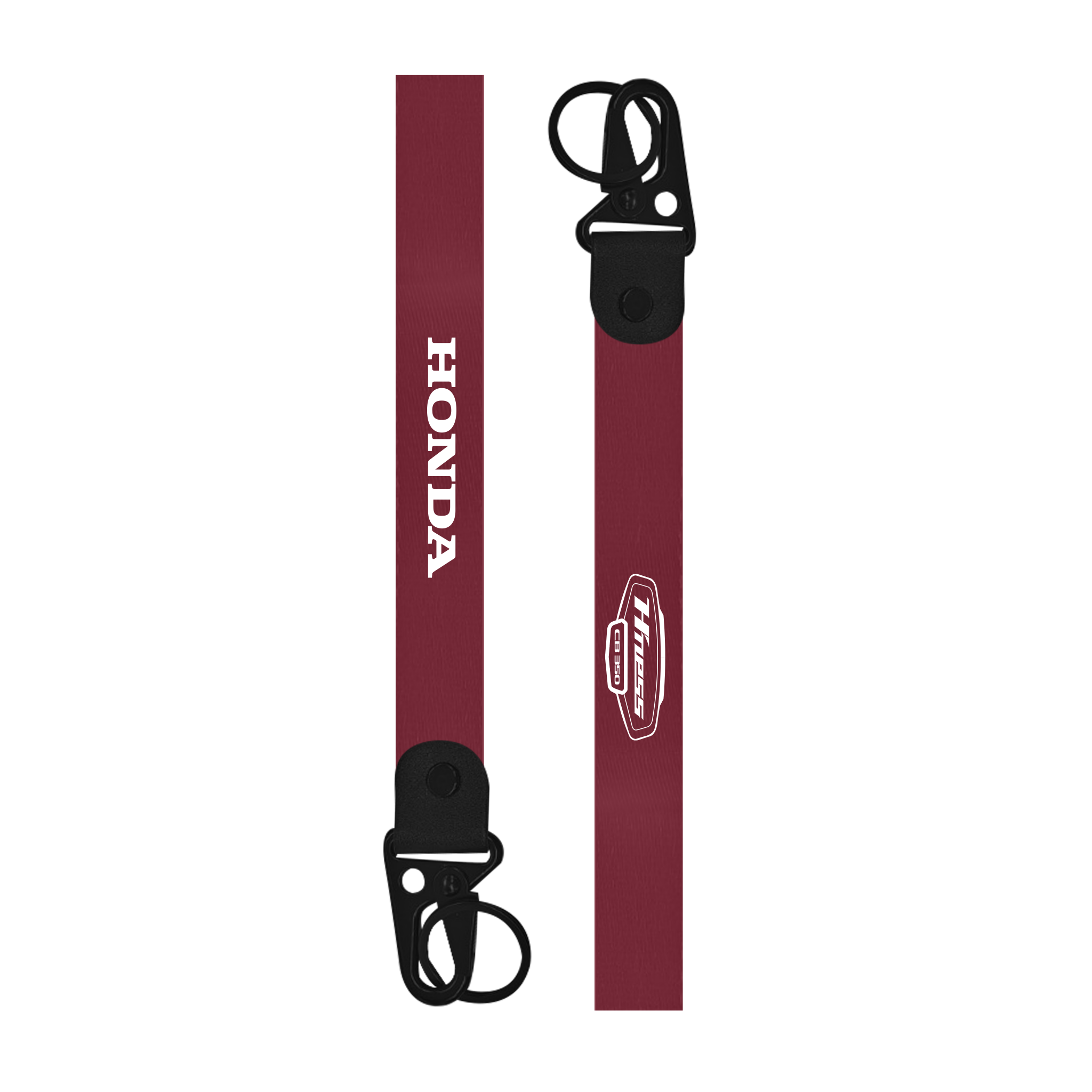 Maroon lanyard with black clips and Honda logo on a white background