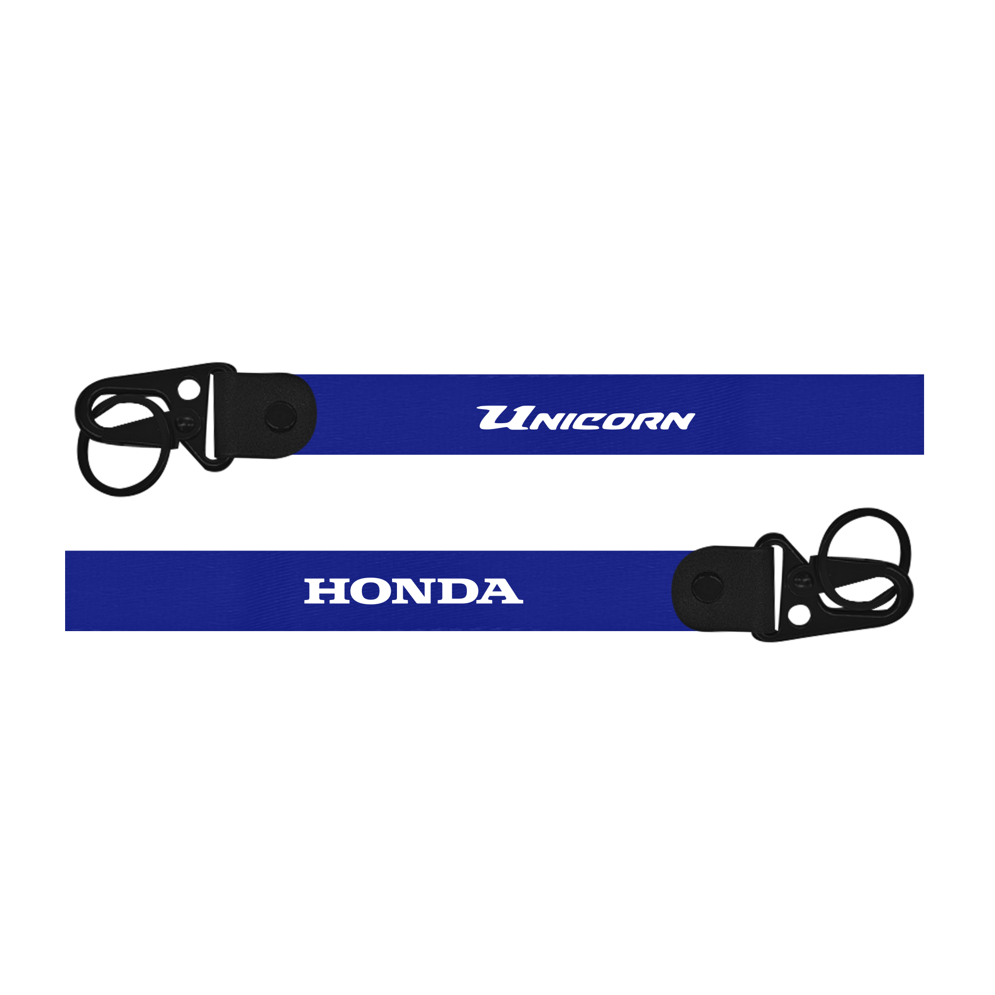 Two blue lanyards with 'Unicorn' and 'Honda' branding on a white background