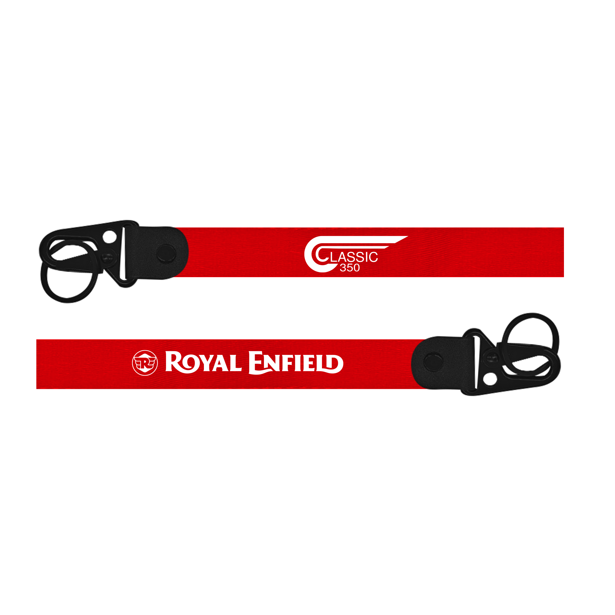 Red lanyard with 'Royal Enfield' branding on a white background