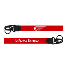 Red lanyard with 'Royal Enfield' branding on a white background