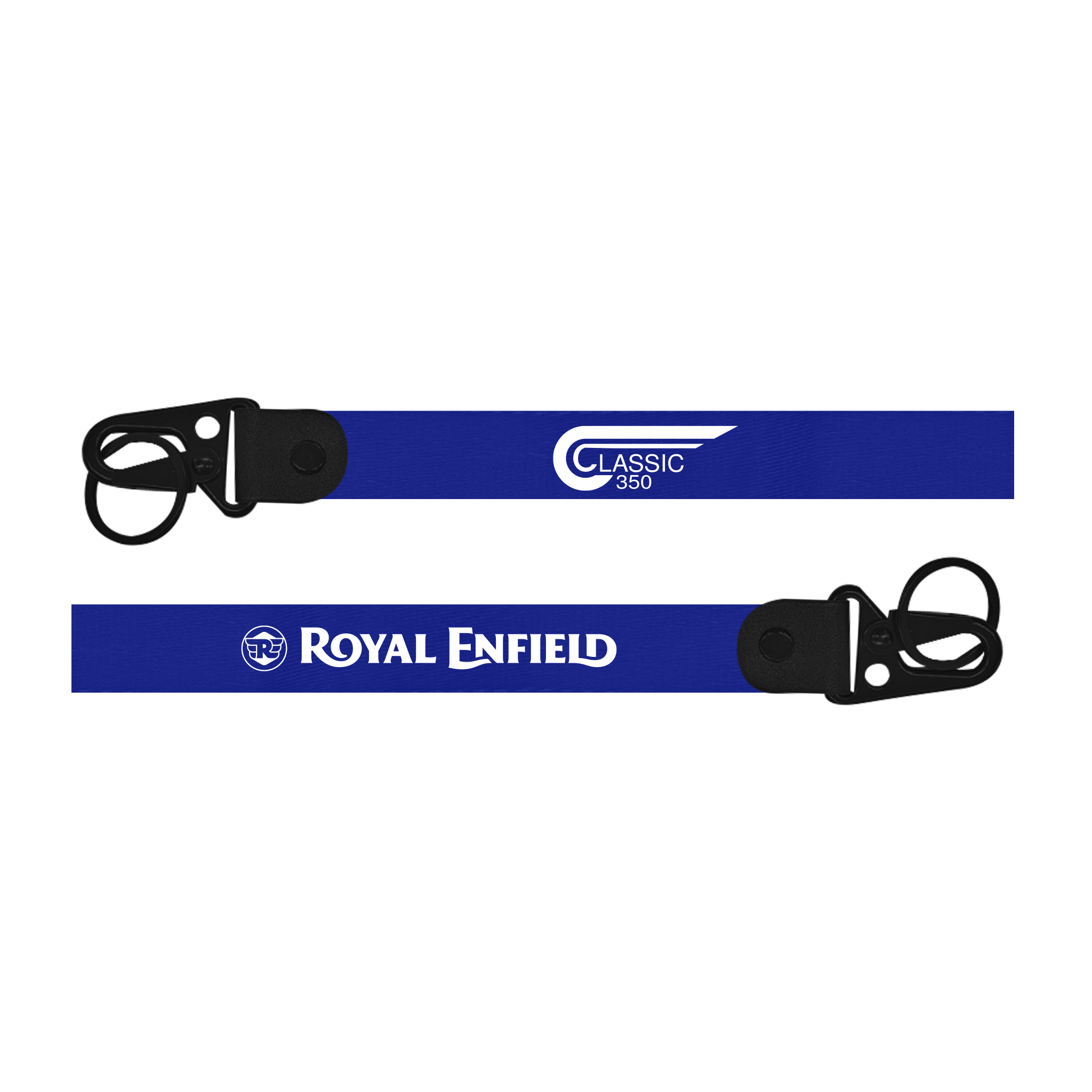 Two blue lanyards with 'Classic' and 'Royal Enfield' branding on a white background