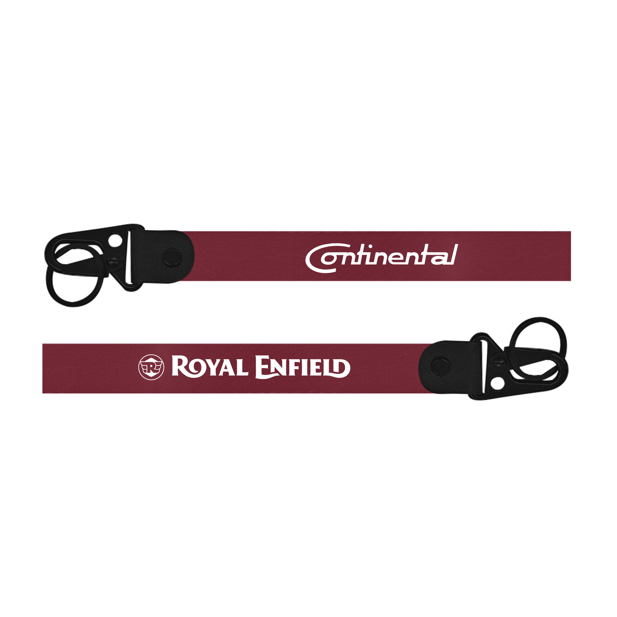 Two maroon straps with 'Continental' and 'Royal Enfield' logos on a white background