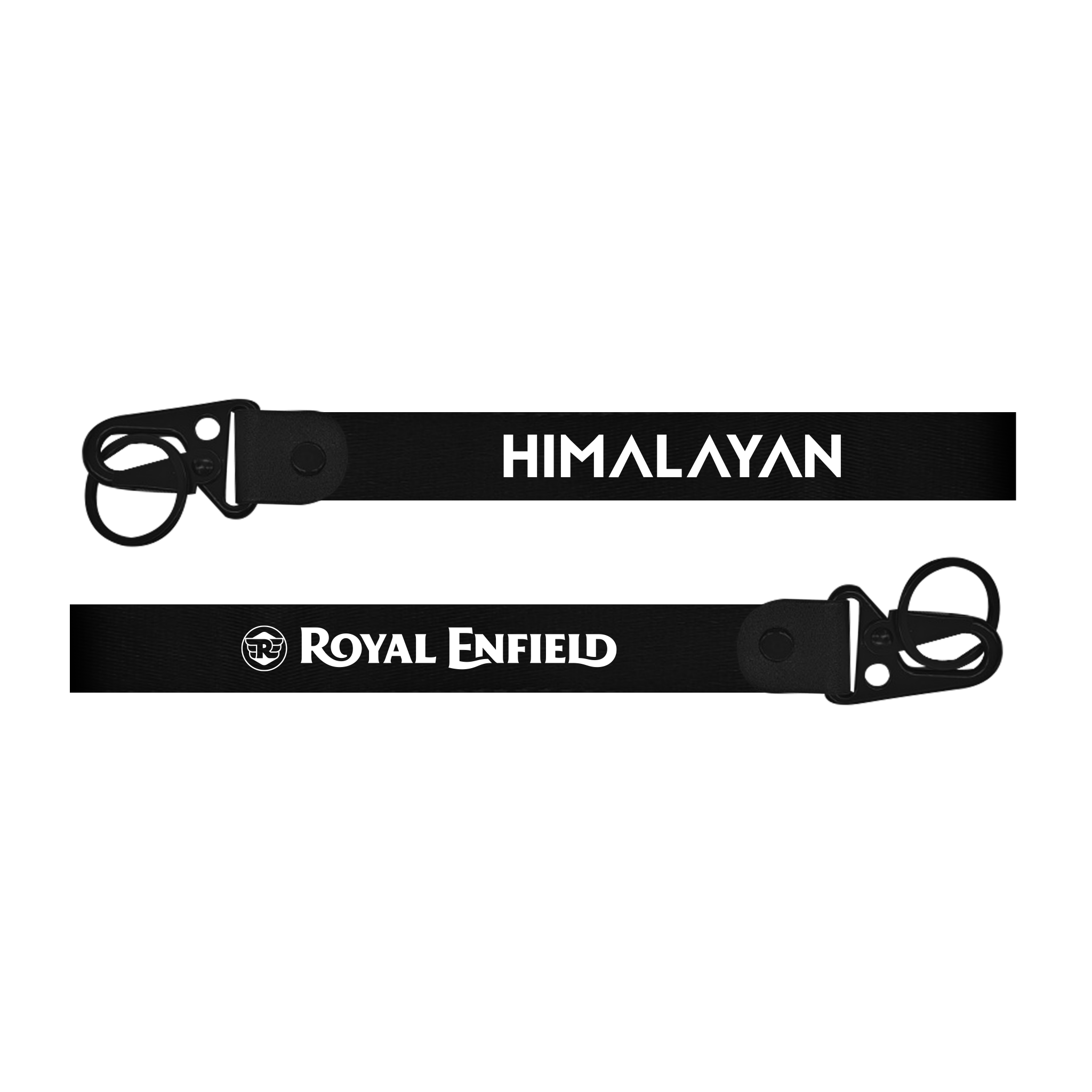 Two black straps with 'Himalayan' and 'Royal Enfield' branding on a white background.