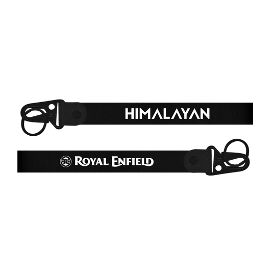 Two black straps with 'Himalayan' and 'Royal Enfield' branding on a white background.