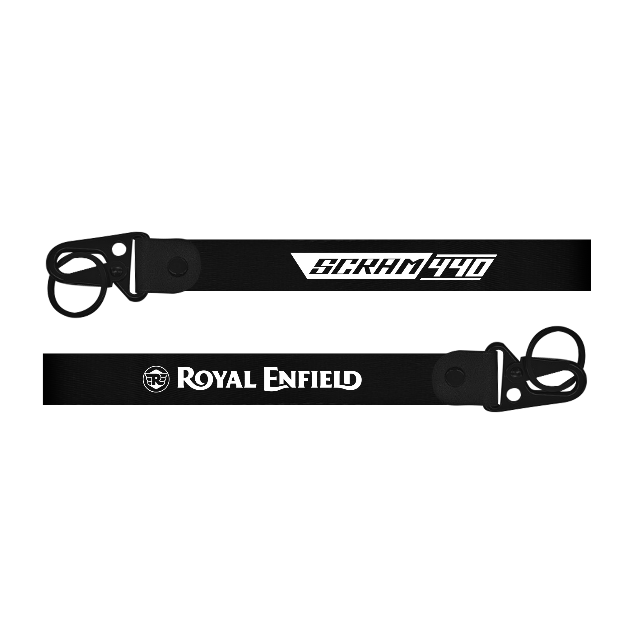 Two black straps with 'Scream 440' and 'Royal Enfield' branding on a white background.