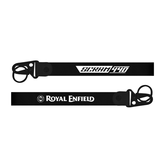 Two black straps with 'Scream 440' and 'Royal Enfield' branding on a white background.
