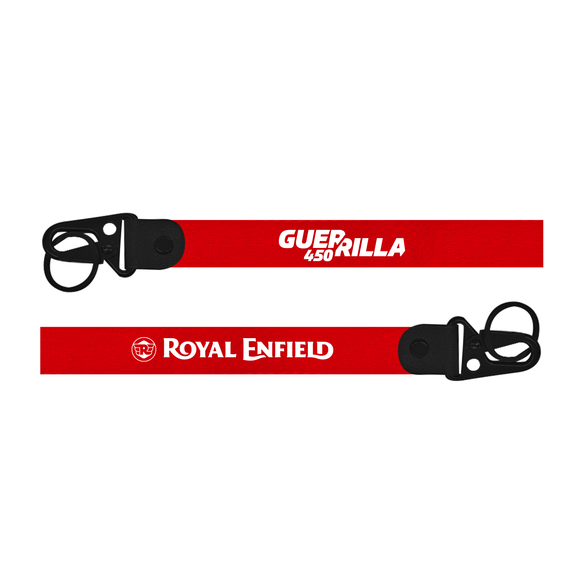 Two red lanyards with 'Guerilla' and 'Royal Enfield' branding on a white background.
