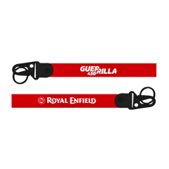 Two red lanyards with 'Guerilla' and 'Royal Enfield' branding on a white background.