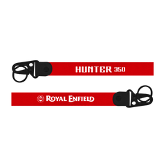 Red lanyard with 'Hunter 350' and 'Royal Enfield' text on a white background